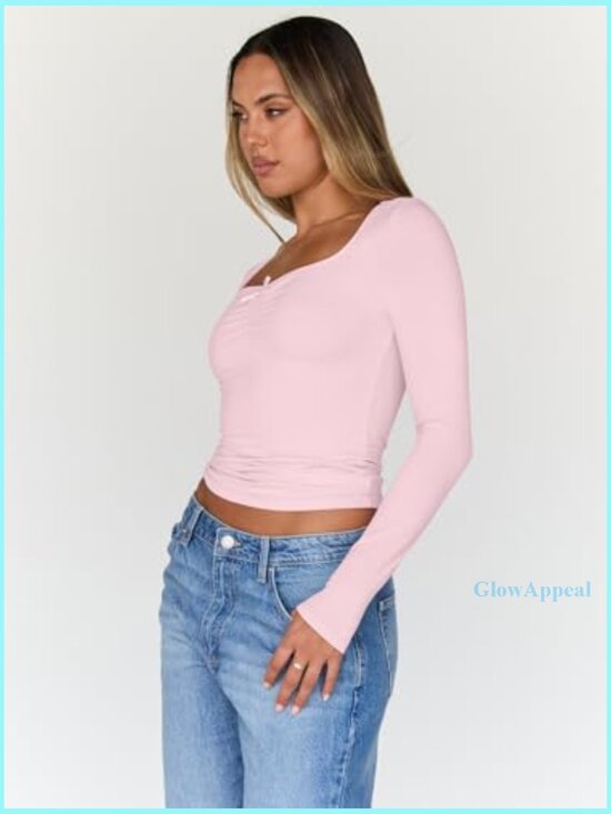 Long Sleeve Sweetheart Neck T-Shirt, Polyester Spandex Blend, Slim Fit - Picture 3 of 6